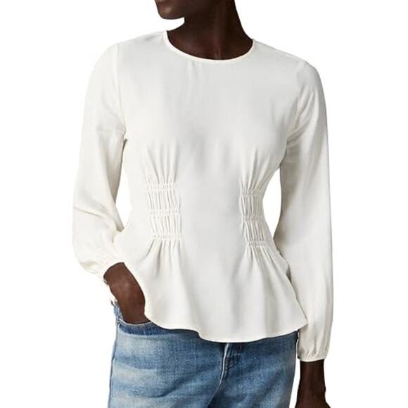 J. Crew Shirred Waist Viscose Crepe Long Sleeve Top Cream Sz 12 Peasant - Picture 2 of 7